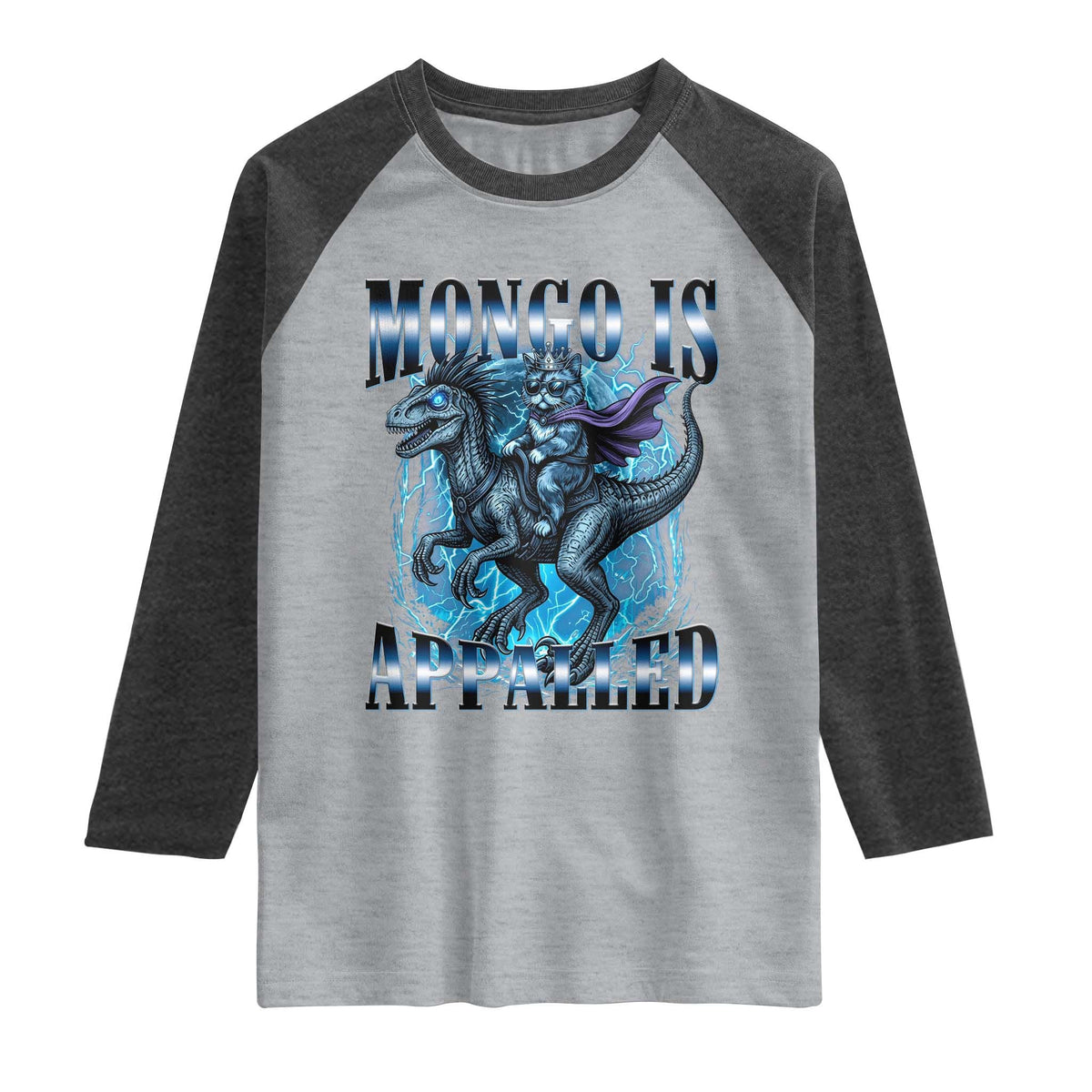 Mongo is Appalled Raglan Shirt Funny Princess Cat Riding Dinosaur TS14 Heather Gray Heather Charcoal Print Your Wear
