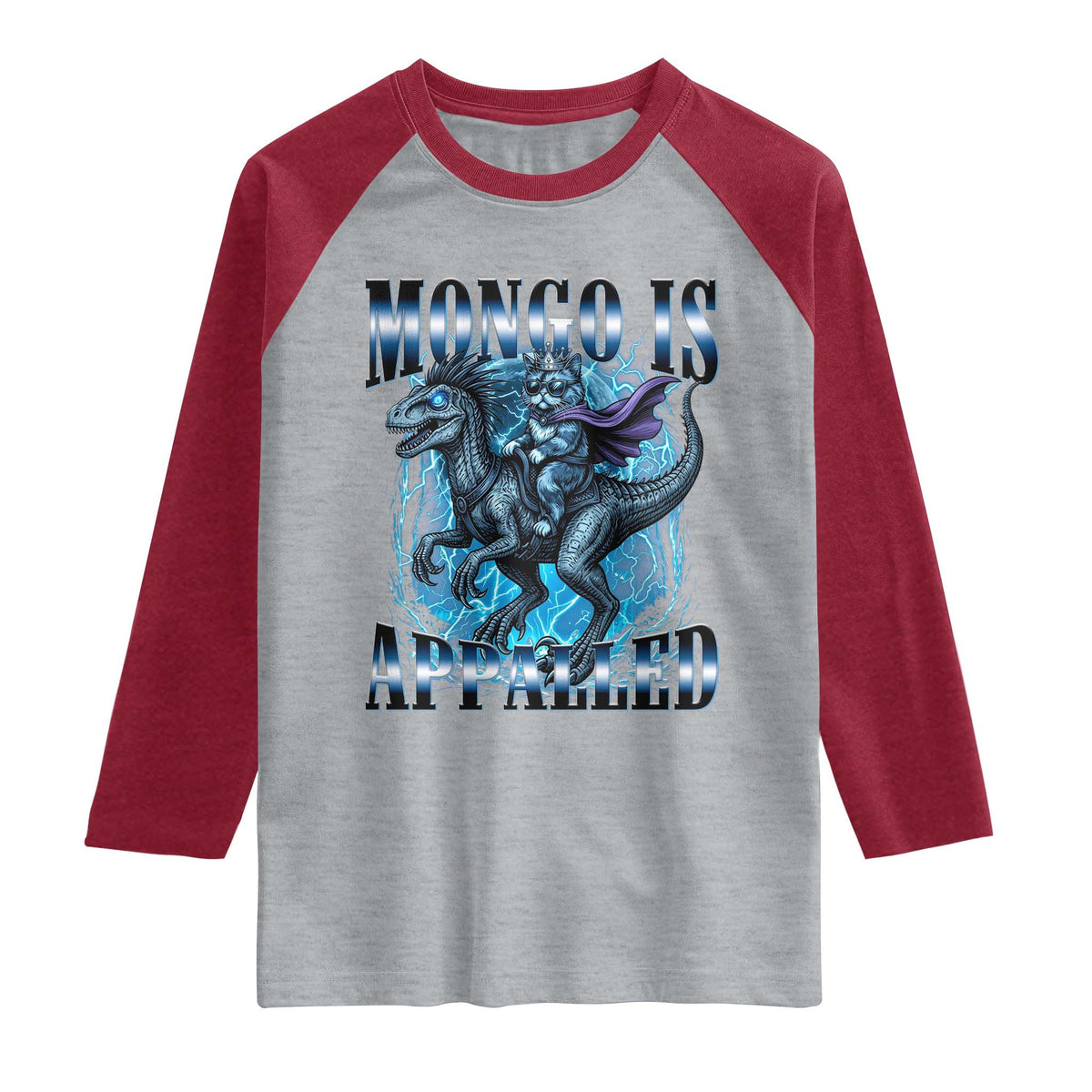 Mongo is Appalled Raglan Shirt Funny Princess Cat Riding Dinosaur TS14 Heather Gray Heather Red Print Your Wear