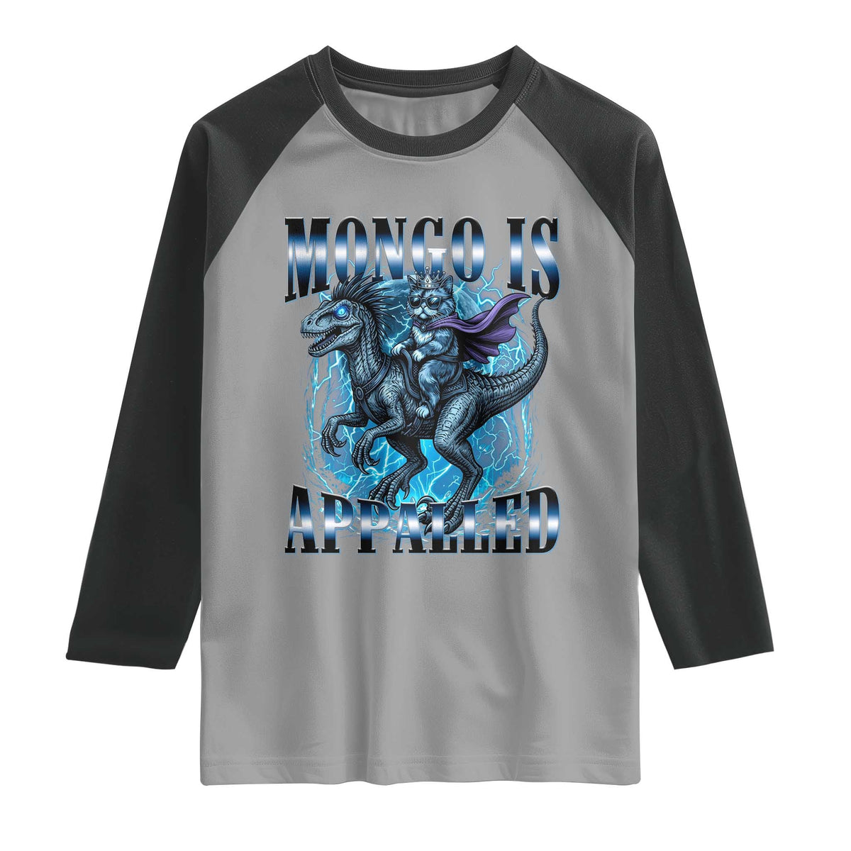 Mongo is Appalled Raglan Shirt Funny Princess Cat Riding Dinosaur TS14 Sport Gray Black Print Your Wear