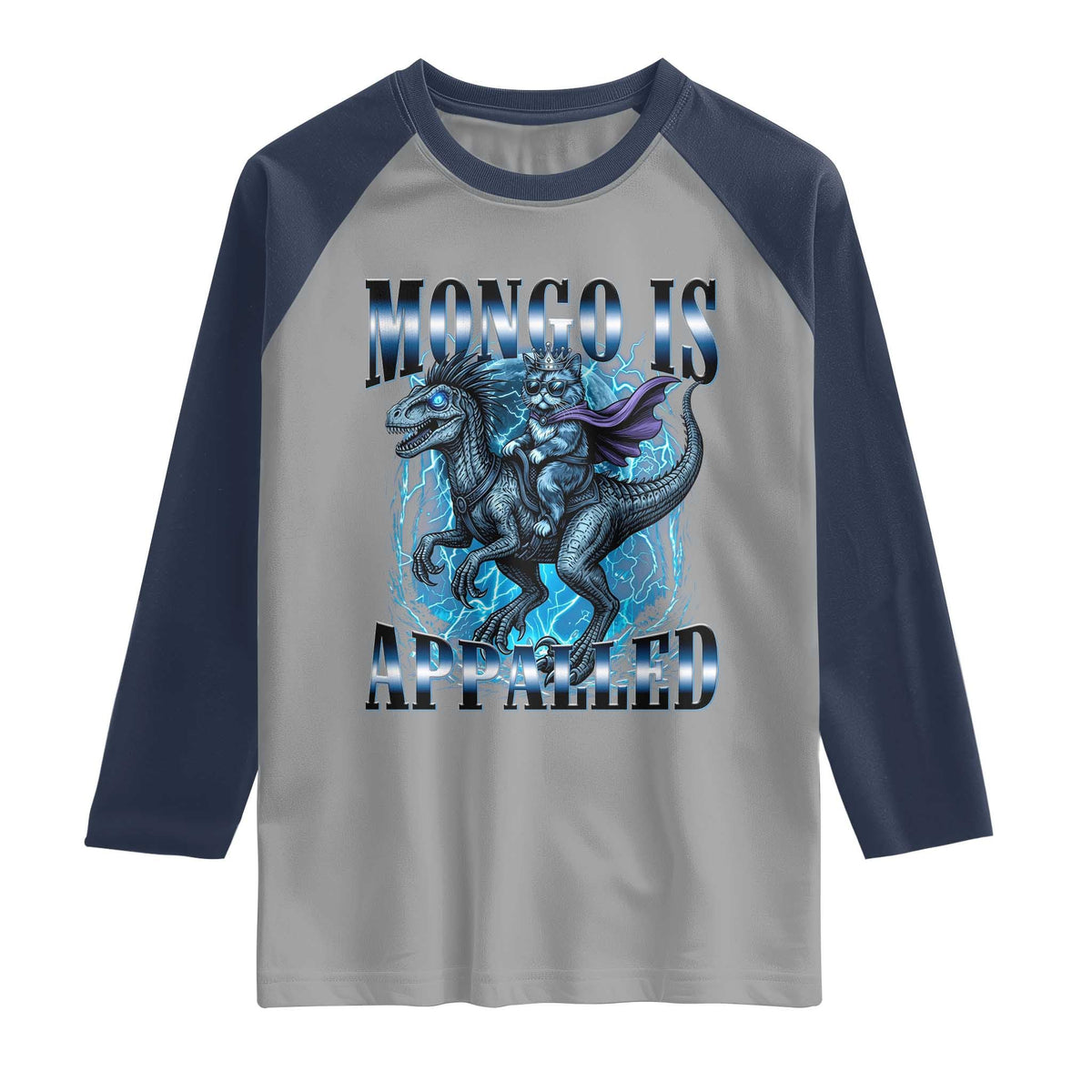 Mongo is Appalled Raglan Shirt Funny Princess Cat Riding Dinosaur TS14 Sport Gray Navy Print Your Wear