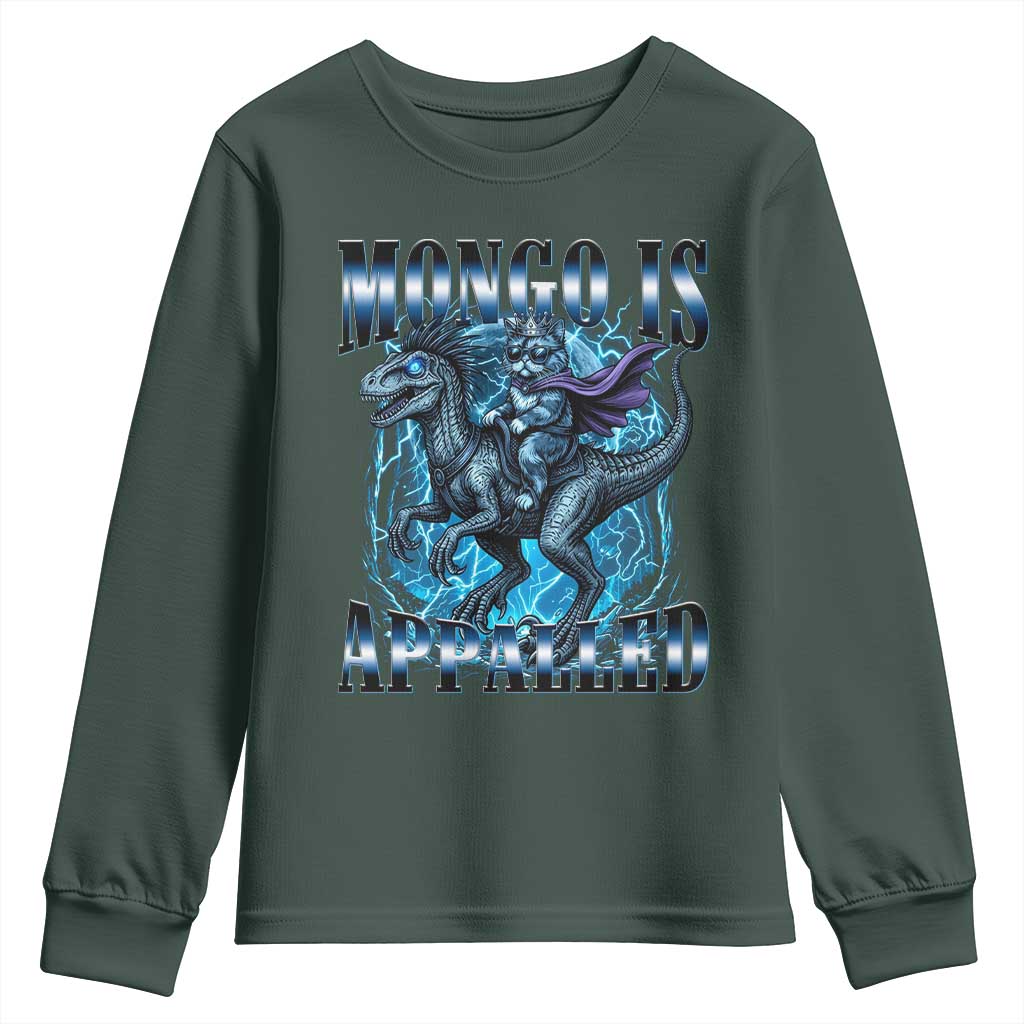 Mongo is Appalled Youth Sweatshirt Funny Princess Cat Riding Dinosaur TS14 Dark Forest Green Print Your Wear