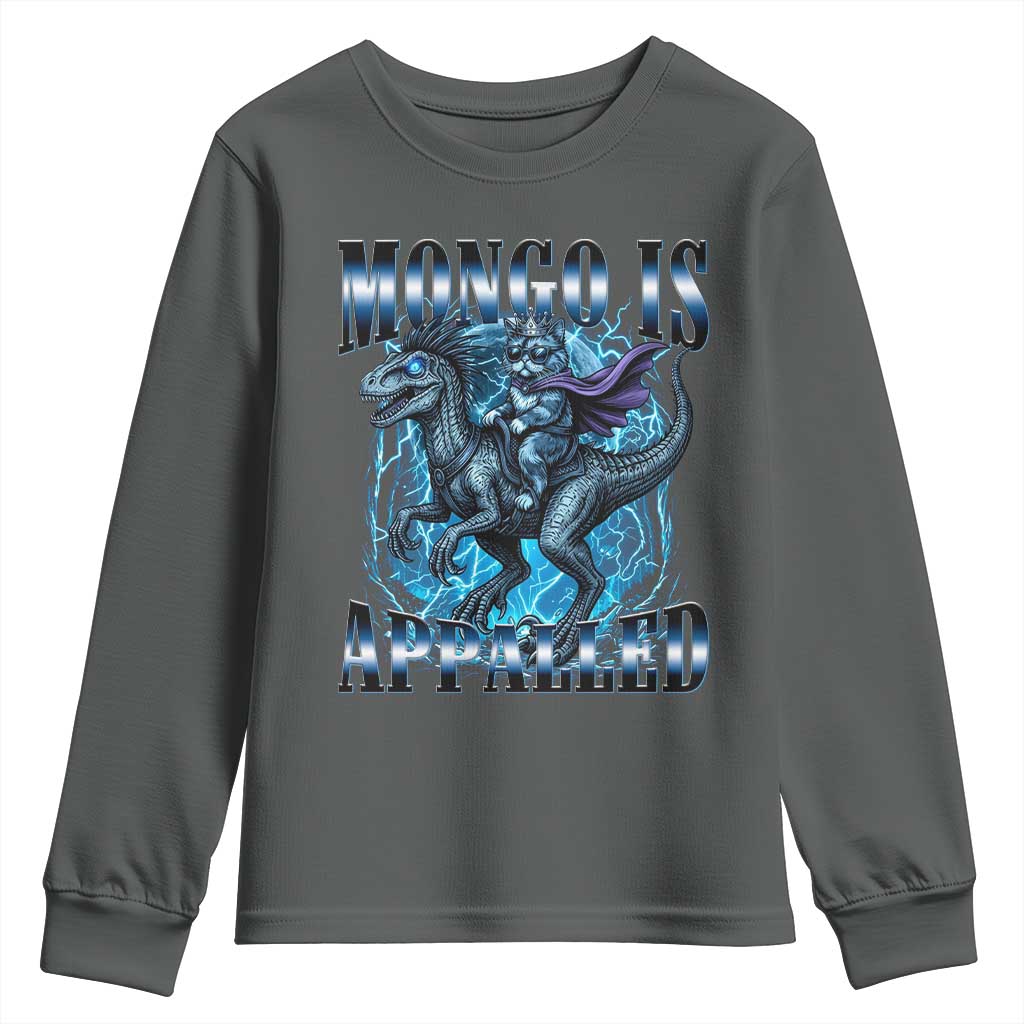 Mongo is Appalled Youth Sweatshirt Funny Princess Cat Riding Dinosaur TS14 Dark Heather Print Your Wear