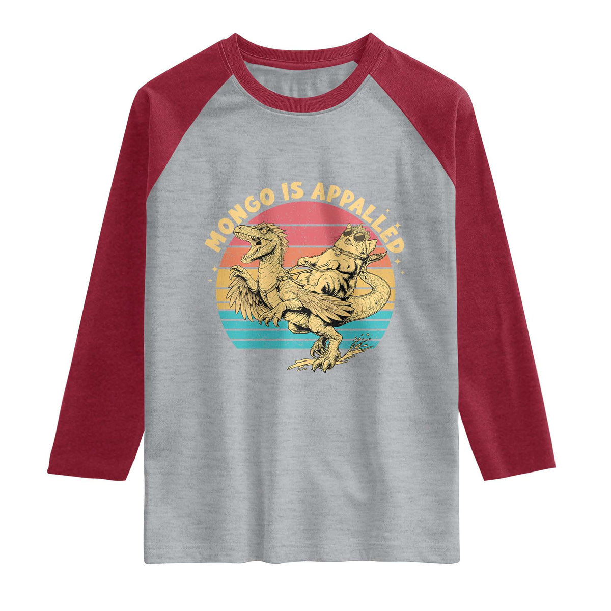 Mongo is Appalled Raglan Shirt Vintage Princess Cat Riding Dinosaur TS14 Heather Gray Heather Red Print Your Wear