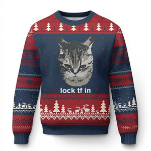 Lock TF In Cat Ugly Christmas Sweater Funny Gen Z Meme TS14 Navy Red Print Your Wear