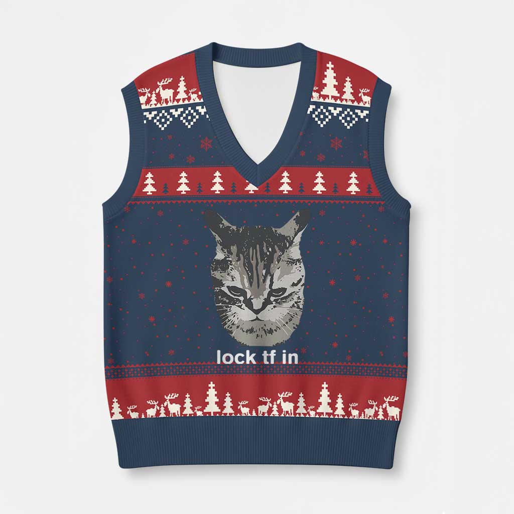 Lock TF In Cat V-Neck Knit Sweater Vest Funny Gen Z Meme TS14 Navy Red Print Your Wear