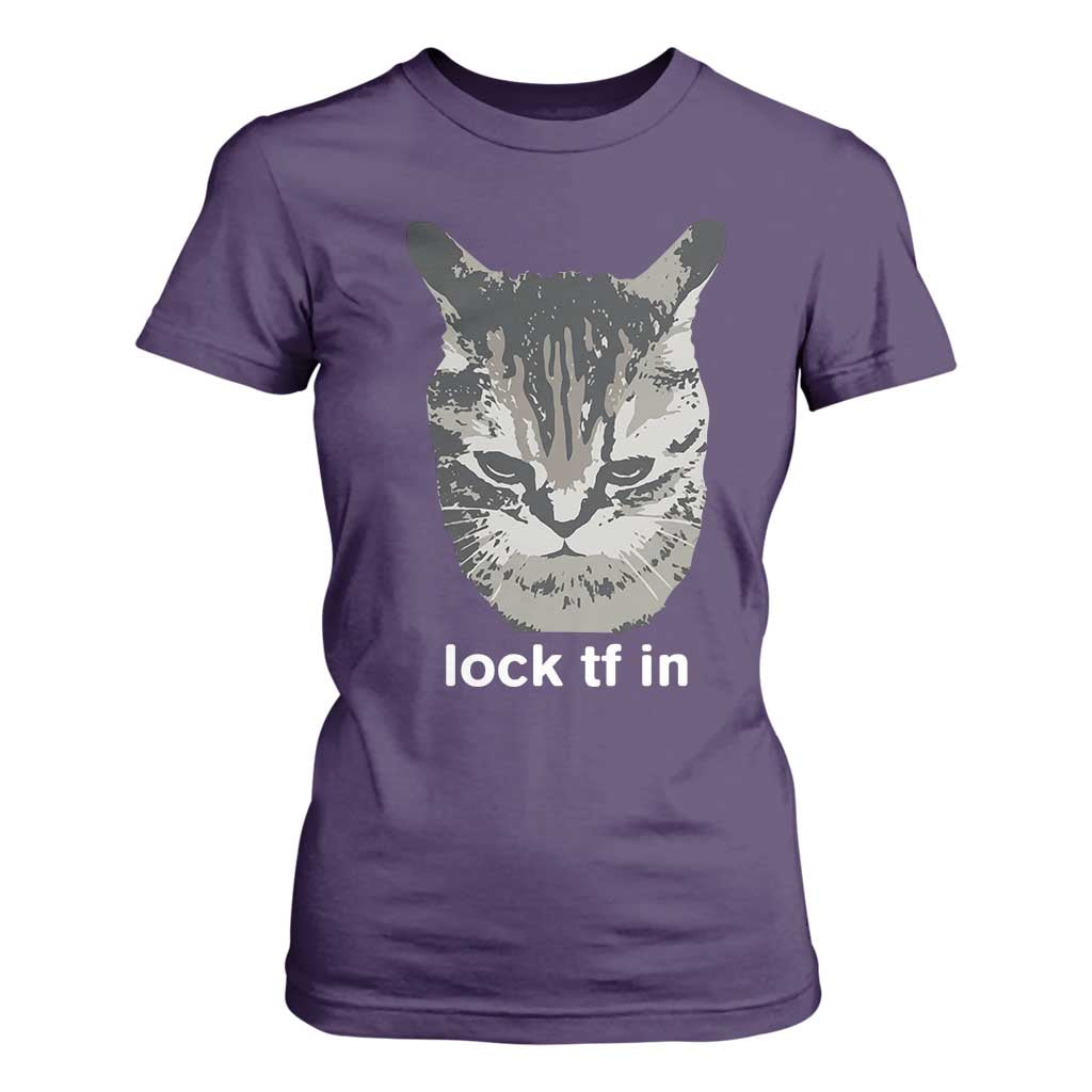 Lock TF In Cat T Shirt For Women Funny Gen Z Meme TS14 Purple Print Your Wear