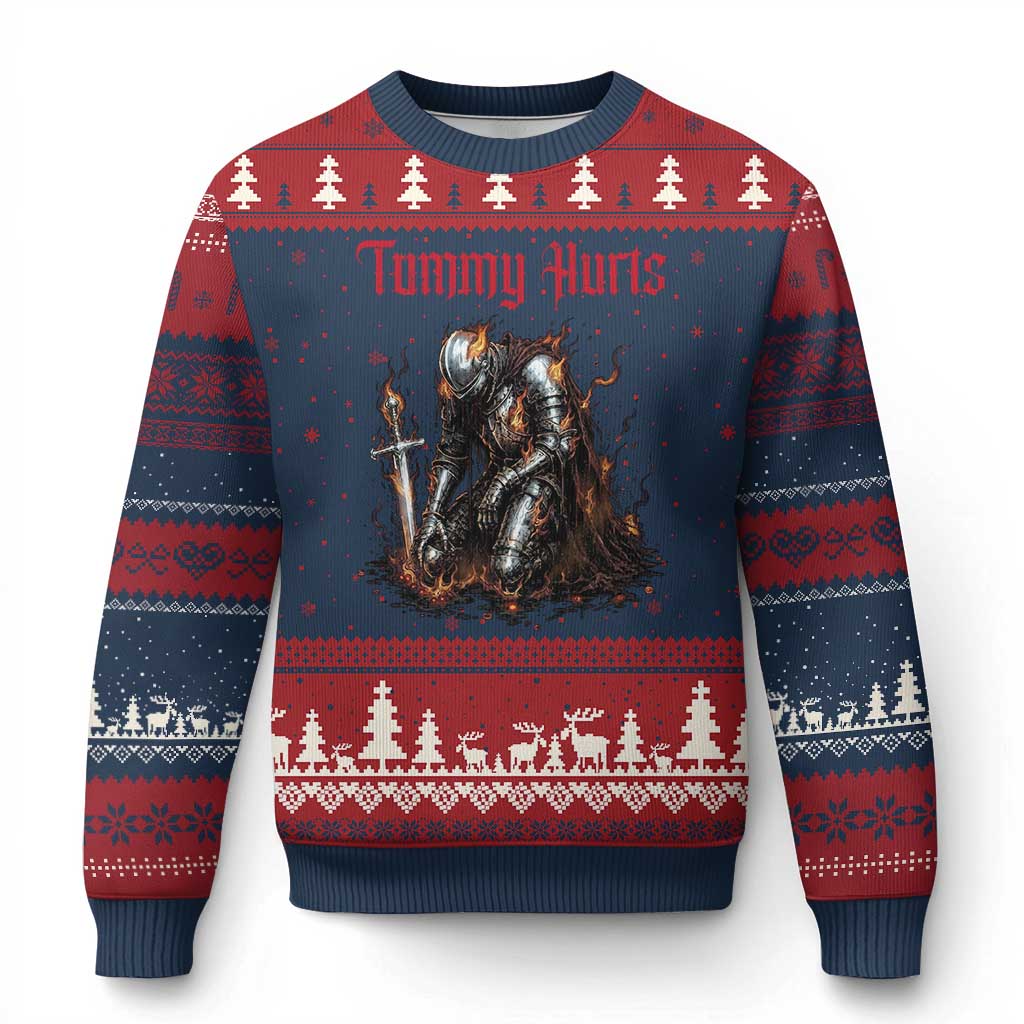Tummy Hurts Ugly Christmas Sweater Funny Medieval Knight Dark Humor TS14 Navy Red Print Your Wear