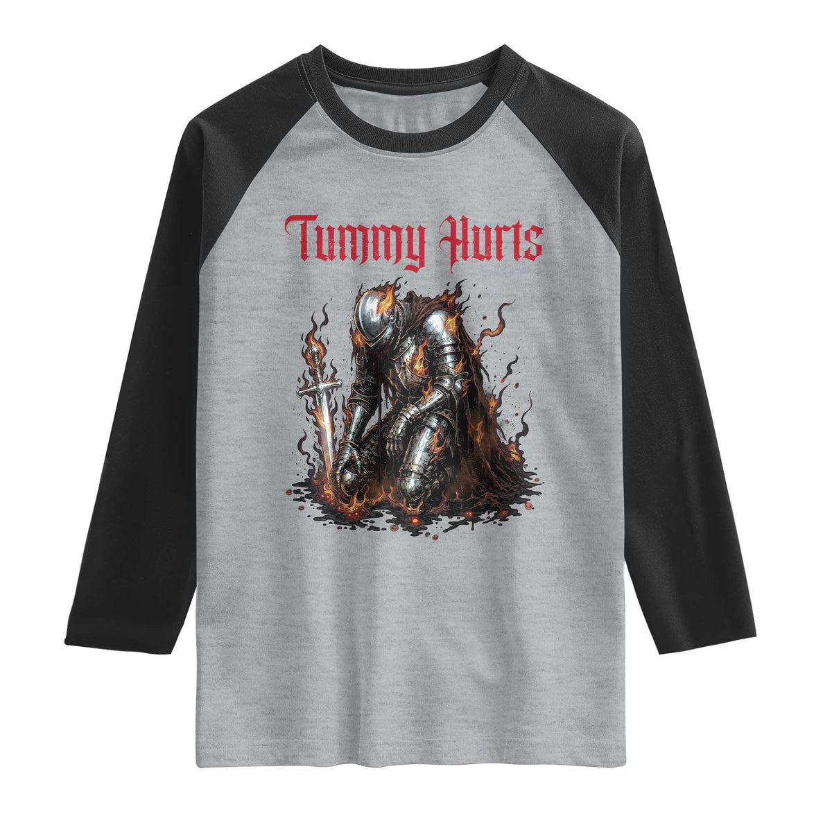 Tummy Hurts Raglan Shirt Funny Medieval Knight Dark Humor TS14 Heather Gray Black Print Your Wear
