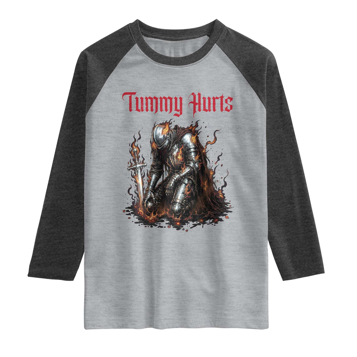 Tummy Hurts Raglan Shirt Funny Medieval Knight Dark Humor TS14 Heather Gray Heather Charcoal Print Your Wear