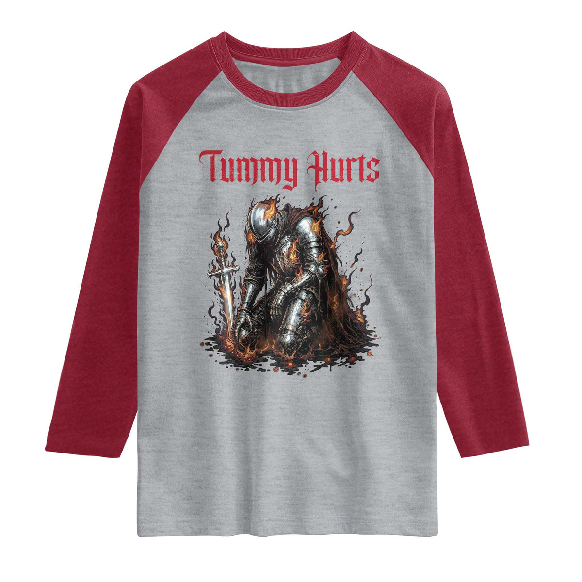 Tummy Hurts Raglan Shirt Funny Medieval Knight Dark Humor TS14 Heather Gray Heather Red Print Your Wear