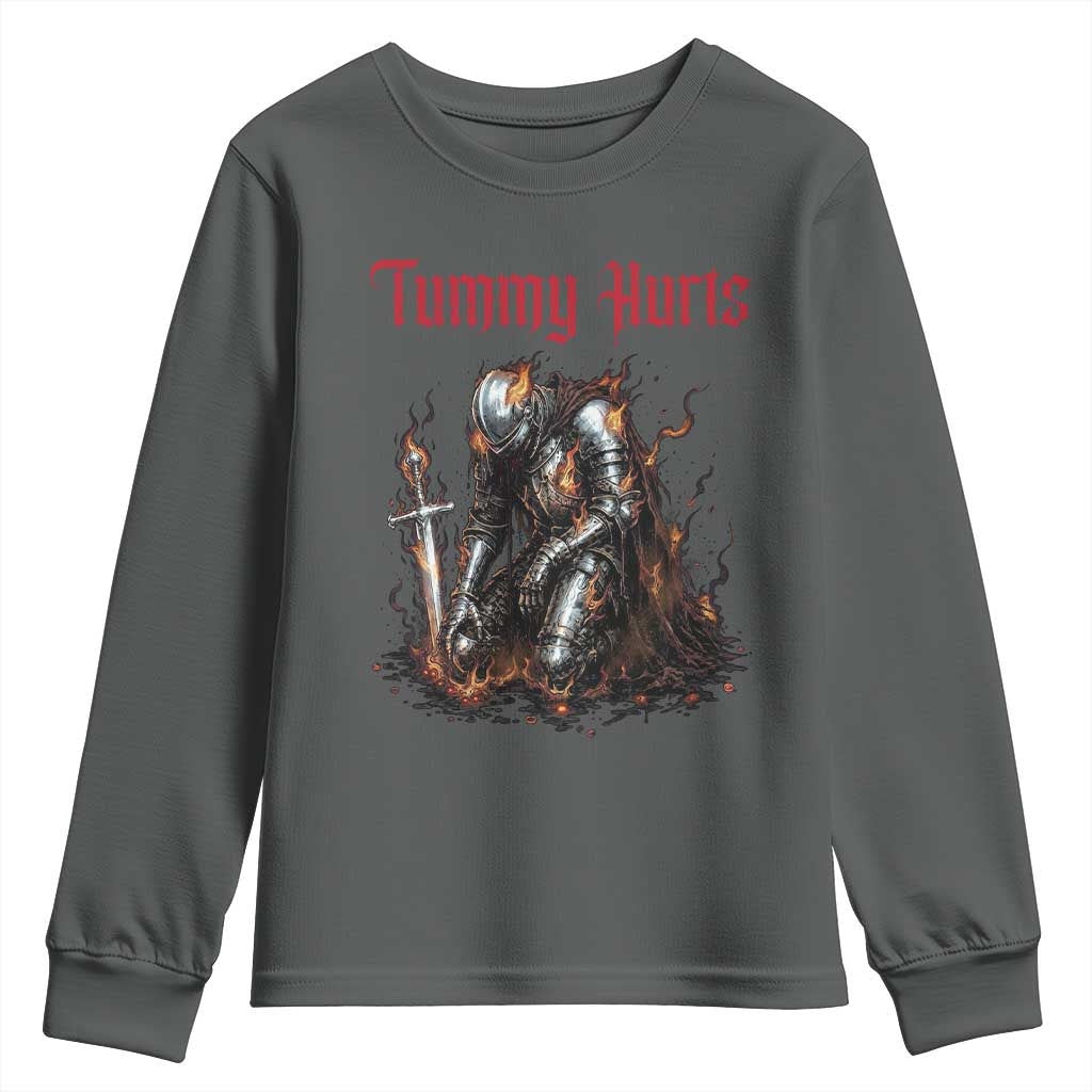 Tummy Hurts Youth Sweatshirt Funny Medieval Knight Dark Humor TS14 Dark Heather Print Your Wear