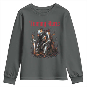 Tummy Hurts Youth Sweatshirt Funny Medieval Knight Dark Humor TS14 Dark Heather Print Your Wear