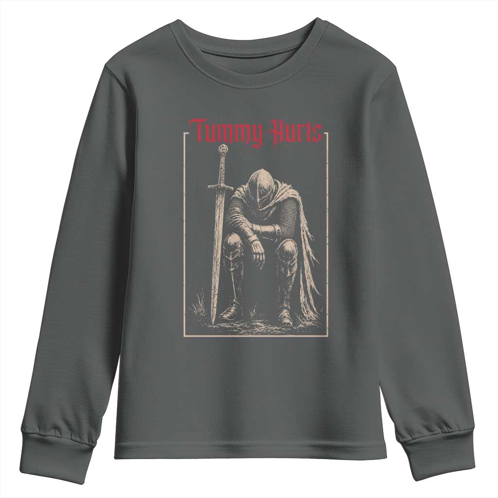 Tummy Hurts Youth Sweatshirt Funny Medieval Knight Dark Meme TS14 Dark Heather Print Your Wear