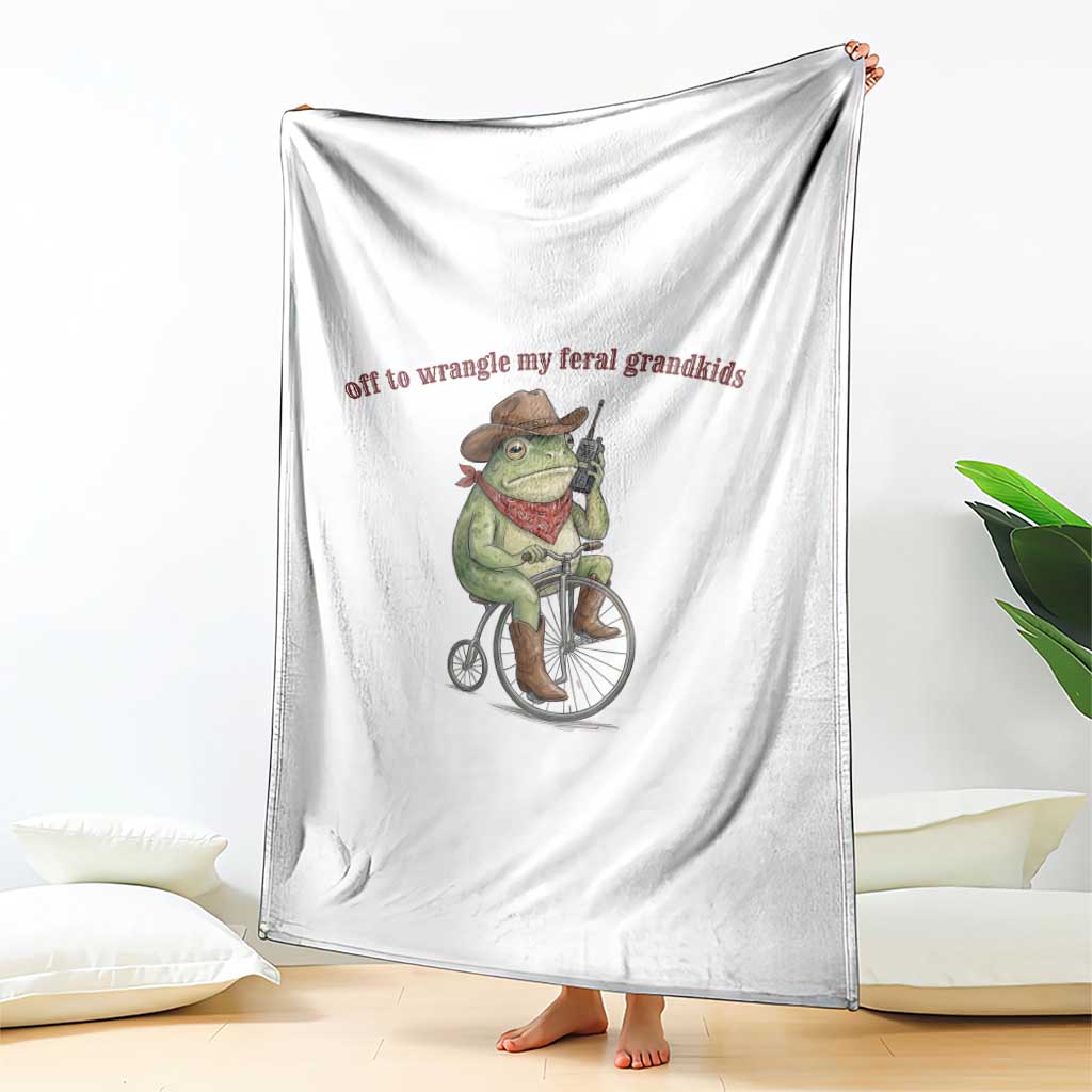 Off to Wrangle My Feral Grandkids Throw Blanket Funny Cowboy Frog Grandpa Western Meme TS14 Print Your Wear