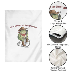 Off to Wrangle My Feral Grandkids Garden Flag Funny Cowboy Frog Grandpa Western Meme