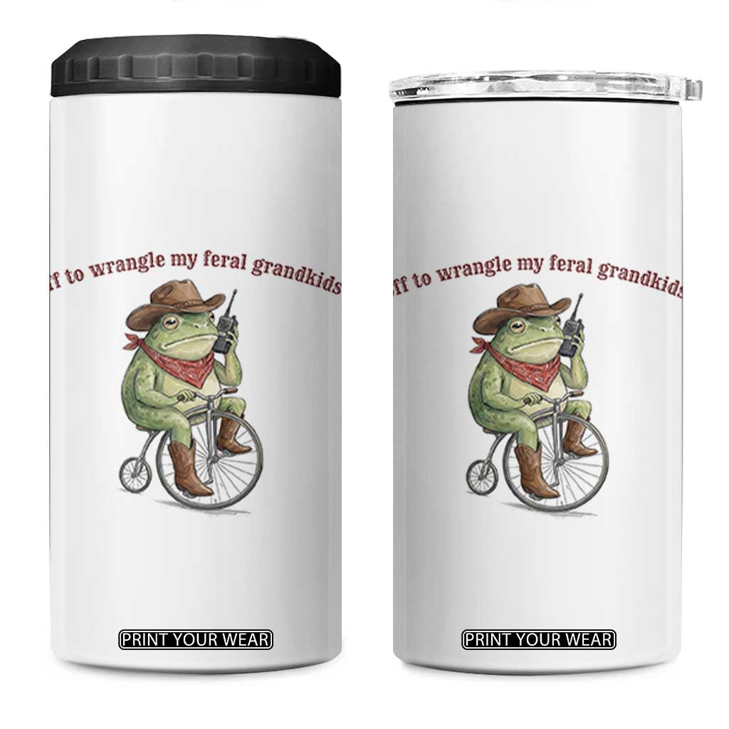 Off to Wrangle My Feral Grandkids 4 in 1 Can Cooler Tumbler Funny Cowboy Frog Grandpa Western Meme