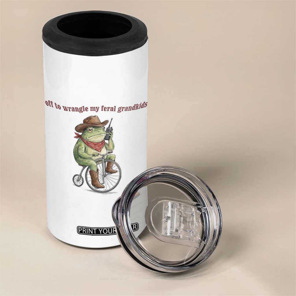 Off to Wrangle My Feral Grandkids 4 in 1 Can Cooler Tumbler Funny Cowboy Frog Grandpa Western Meme