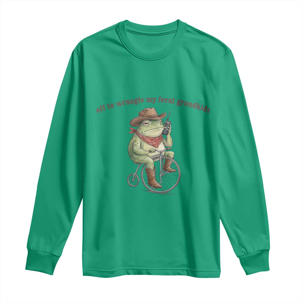 Off to Wrangle My Feral Grandkids Long Sleeve Shirt Funny Cowboy Frog Grandpa Western Meme