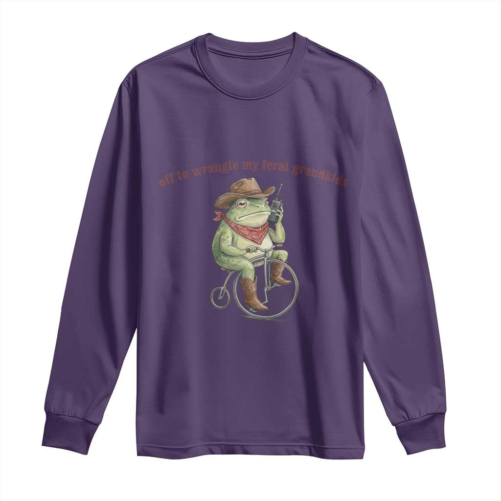 Off to Wrangle My Feral Grandkids Long Sleeve Shirt Funny Cowboy Frog Grandpa Western Meme