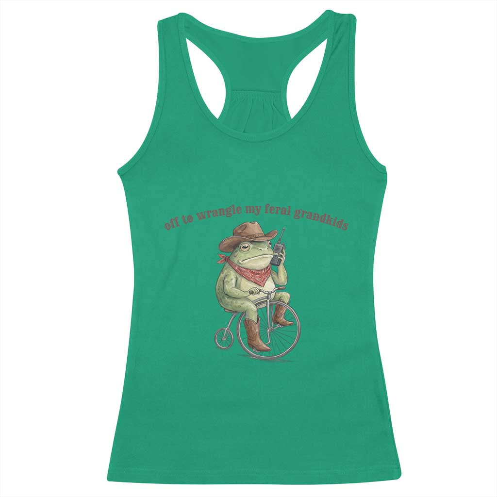 Off to Wrangle My Feral Grandkids Racerback Tank Top Funny Cowboy Frog Grandpa Western Meme