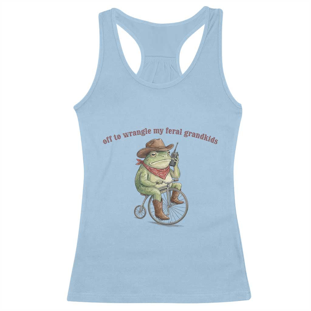 Off to Wrangle My Feral Grandkids Racerback Tank Top Funny Cowboy Frog Grandpa Western Meme