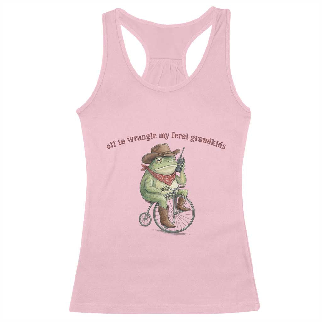 Off to Wrangle My Feral Grandkids Racerback Tank Top Funny Cowboy Frog Grandpa Western Meme