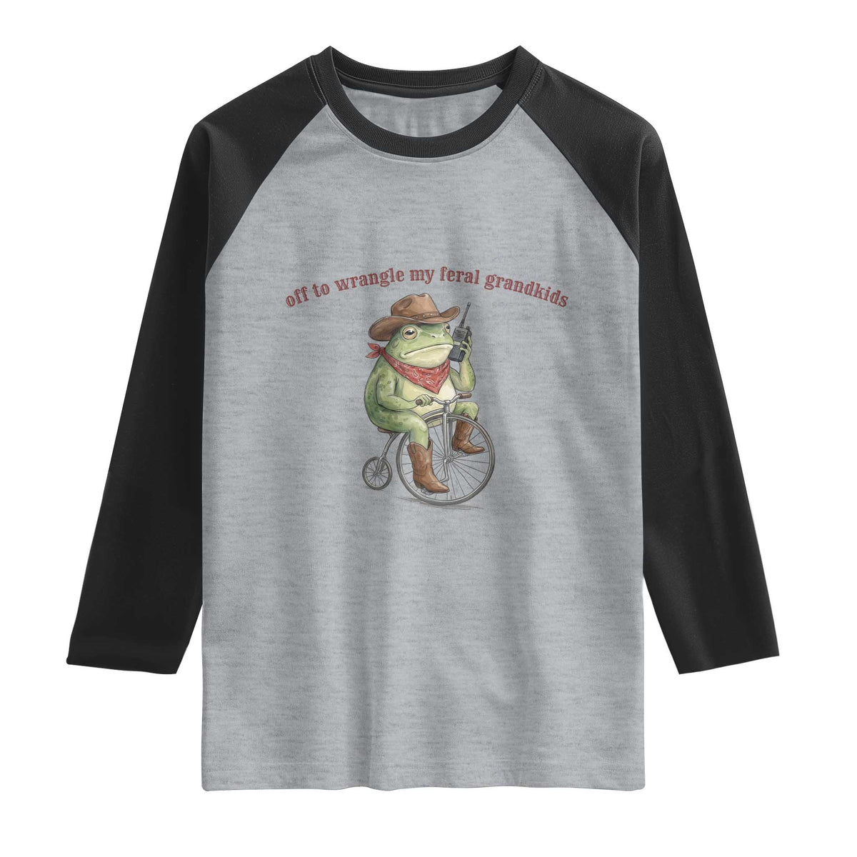 Off to Wrangle My Feral Grandkids Raglan Shirt Funny Cowboy Frog Grandpa Western Meme TS14 Heather Gray Black Print Your Wear