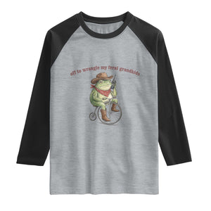 Off to Wrangle My Feral Grandkids Raglan Shirt Funny Cowboy Frog Grandpa Western Meme TS14 Heather Gray Black Print Your Wear