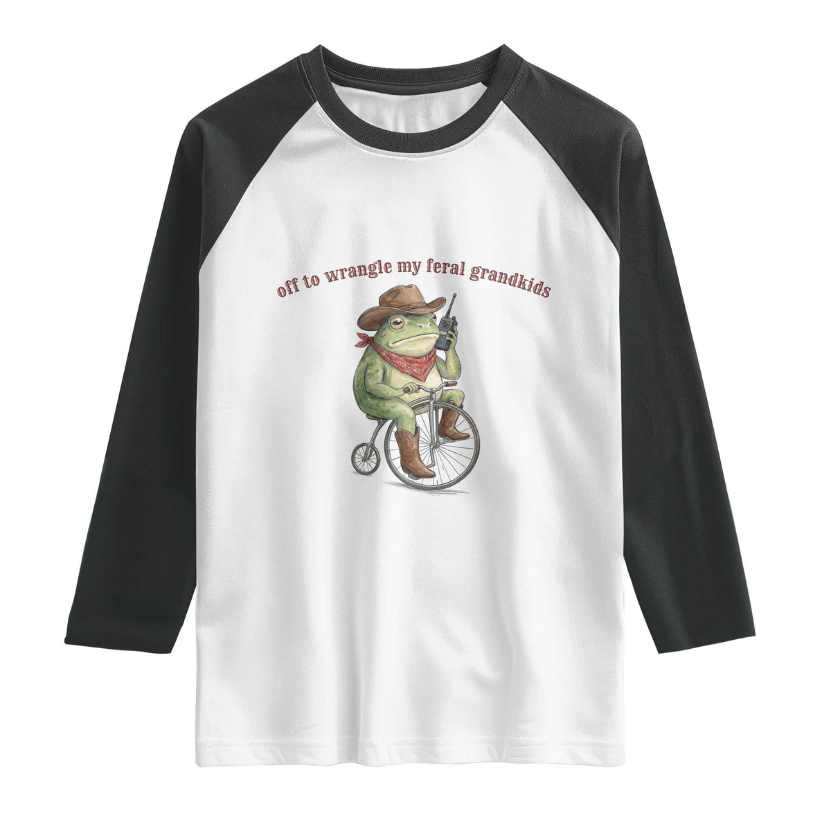 Off to Wrangle My Feral Grandkids Raglan Shirt Funny Cowboy Frog Grandpa Western Meme TS14 White Black Print Your Wear