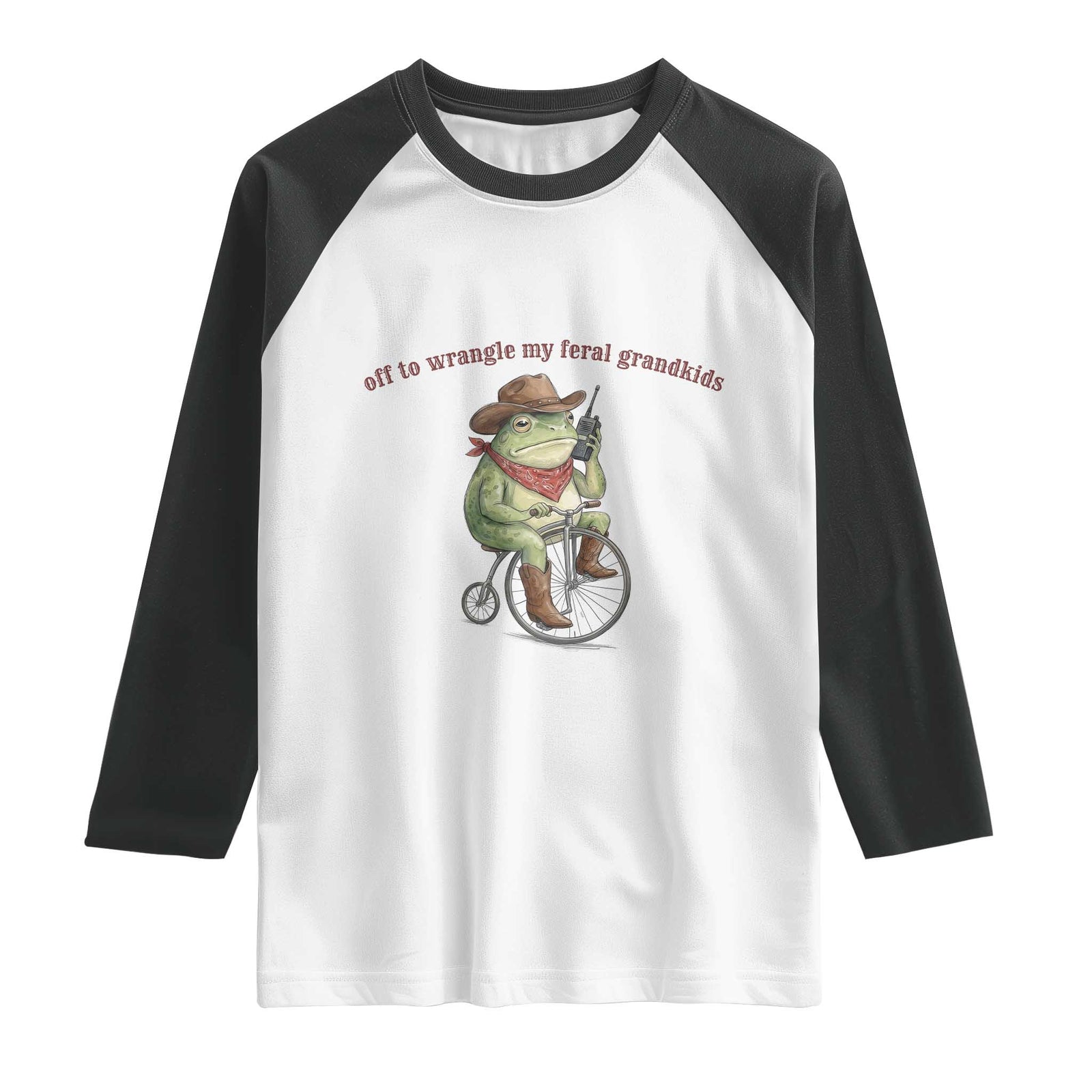 Off to Wrangle My Feral Grandkids Raglan Shirt Funny Cowboy Frog Grandpa Western Meme TS14 White Black Print Your Wear