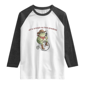 Off to Wrangle My Feral Grandkids Raglan Shirt Funny Cowboy Frog Grandpa Western Meme TS14 White Heather Charcoal Print Your Wear
