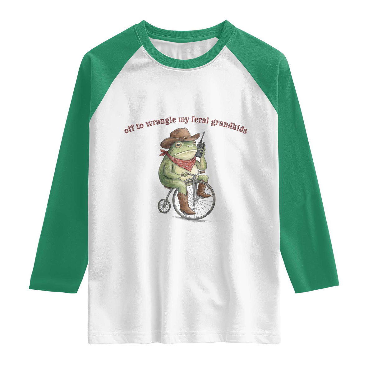 Off to Wrangle My Feral Grandkids Raglan Shirt Funny Cowboy Frog Grandpa Western Meme TS14 White Kelly Green Print Your Wear
