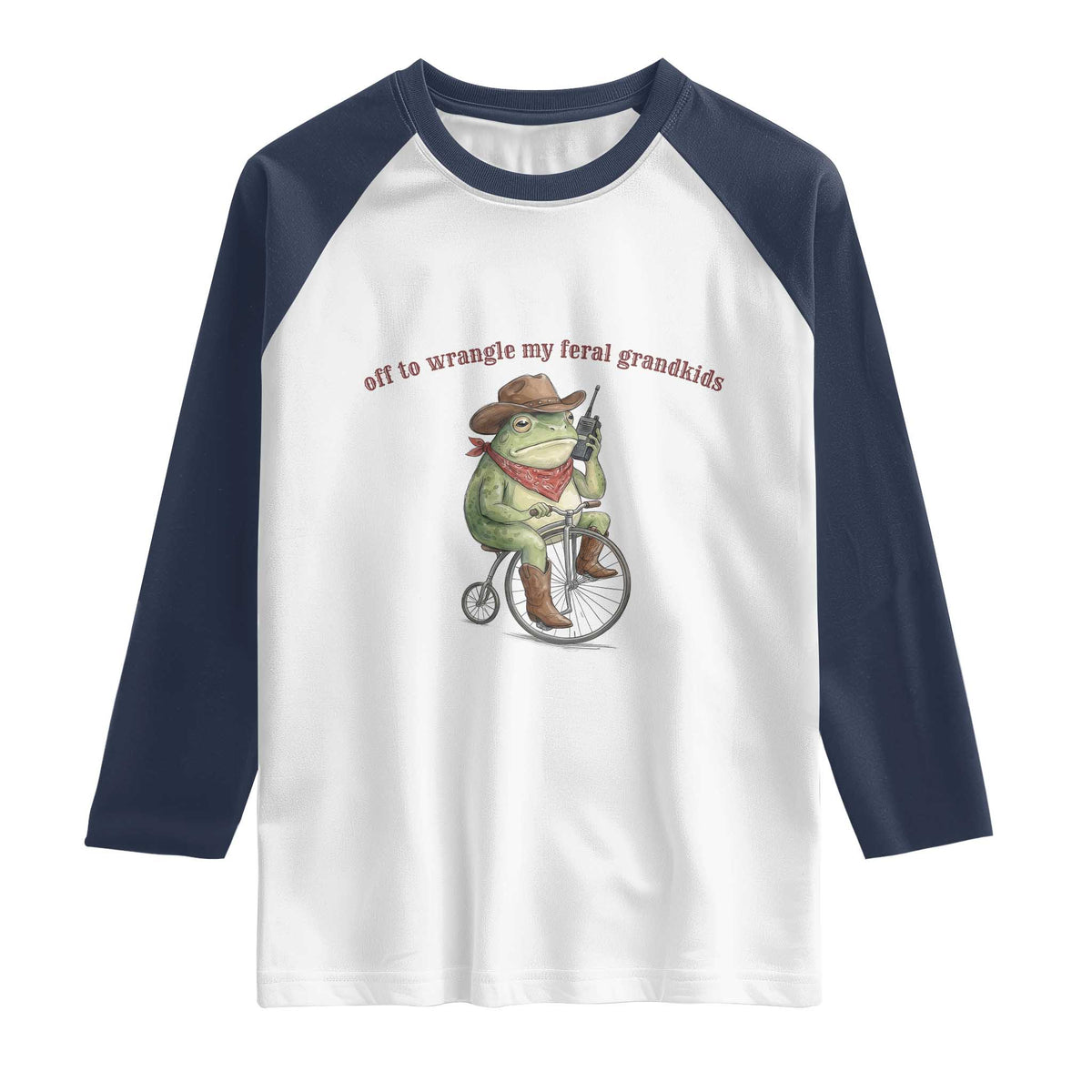Off to Wrangle My Feral Grandkids Raglan Shirt Funny Cowboy Frog Grandpa Western Meme TS14 White Navy Print Your Wear