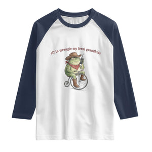 Off to Wrangle My Feral Grandkids Raglan Shirt Funny Cowboy Frog Grandpa Western Meme TS14 White Navy Print Your Wear