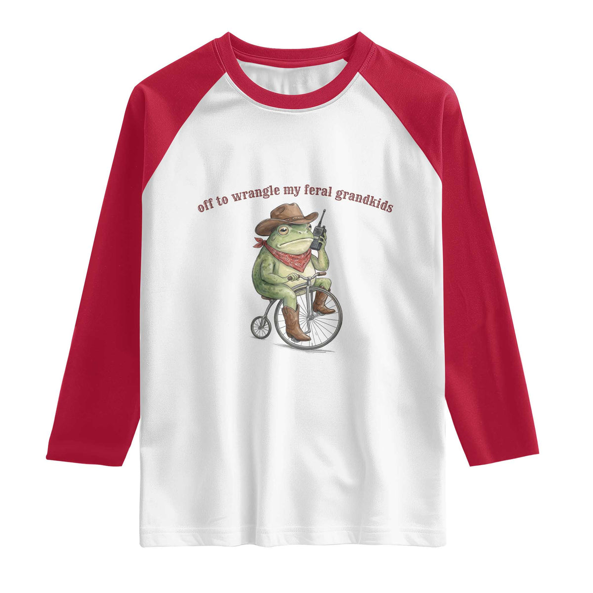 Off to Wrangle My Feral Grandkids Raglan Shirt Funny Cowboy Frog Grandpa Western Meme TS14 White Red Print Your Wear