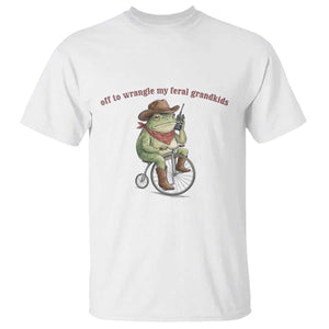 Off to Wrangle My Feral Grandkids T Shirt Funny Cowboy Frog Grandpa Western Meme TS14 White Print Your Wear