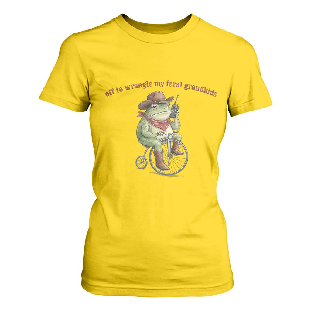 Off to Wrangle My Feral Grandkids T Shirt For Women Funny Cowboy Frog Grandpa Western Meme TS14 Daisy Print Your Wear
