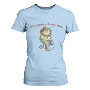 Off to Wrangle My Feral Grandkids T Shirt For Women Funny Cowboy Frog Grandpa Western Meme TS14 Light Blue Print Your Wear