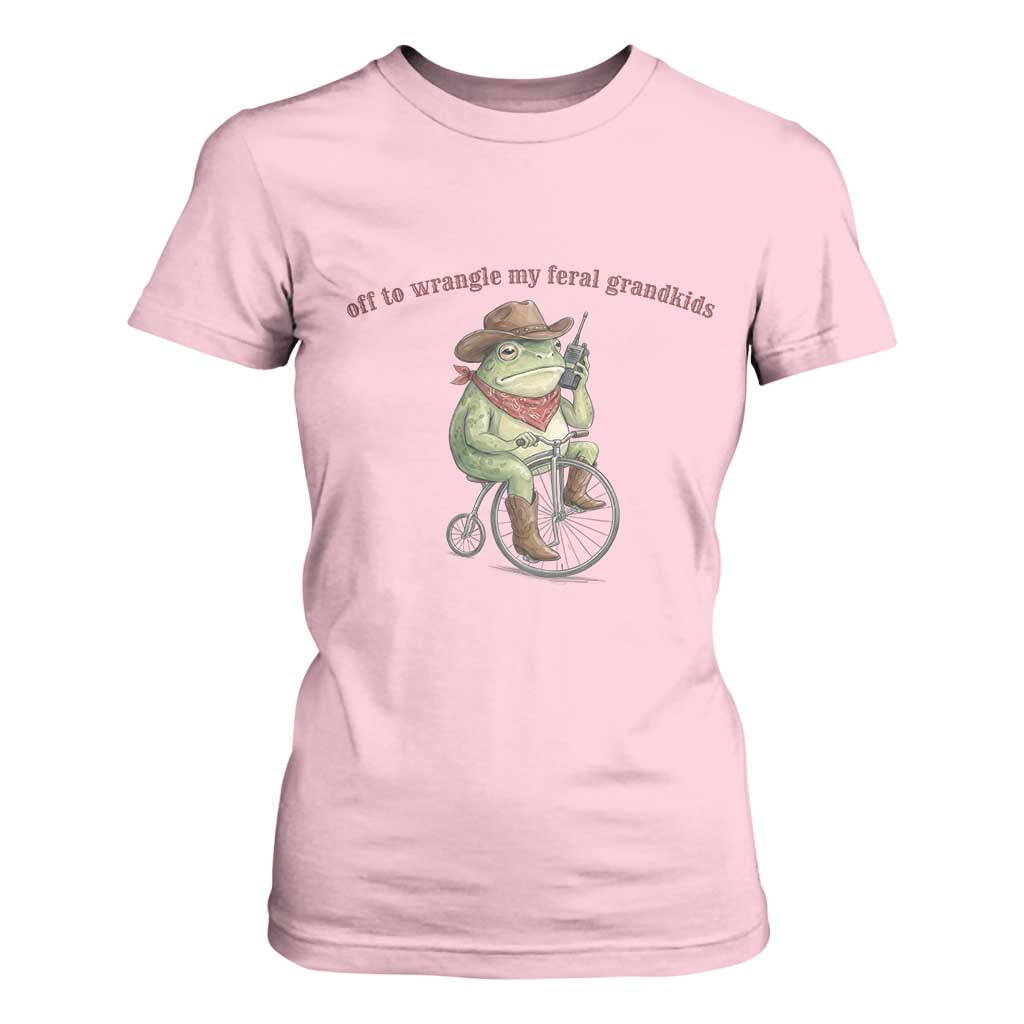 Off to Wrangle My Feral Grandkids T Shirt For Women Funny Cowboy Frog Grandpa Western Meme TS14 Light Pink Print Your Wear