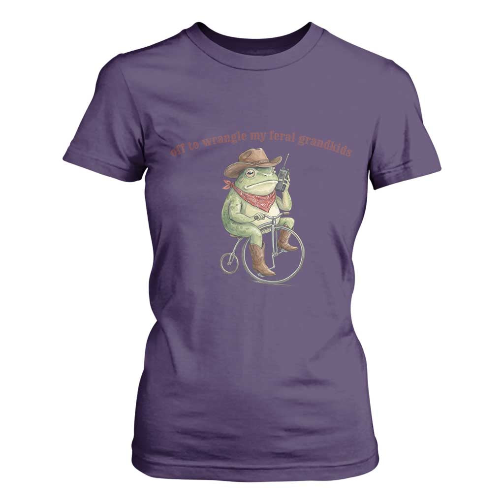 Off to Wrangle My Feral Grandkids T Shirt For Women Funny Cowboy Frog Grandpa Western Meme TS14 Purple Print Your Wear
