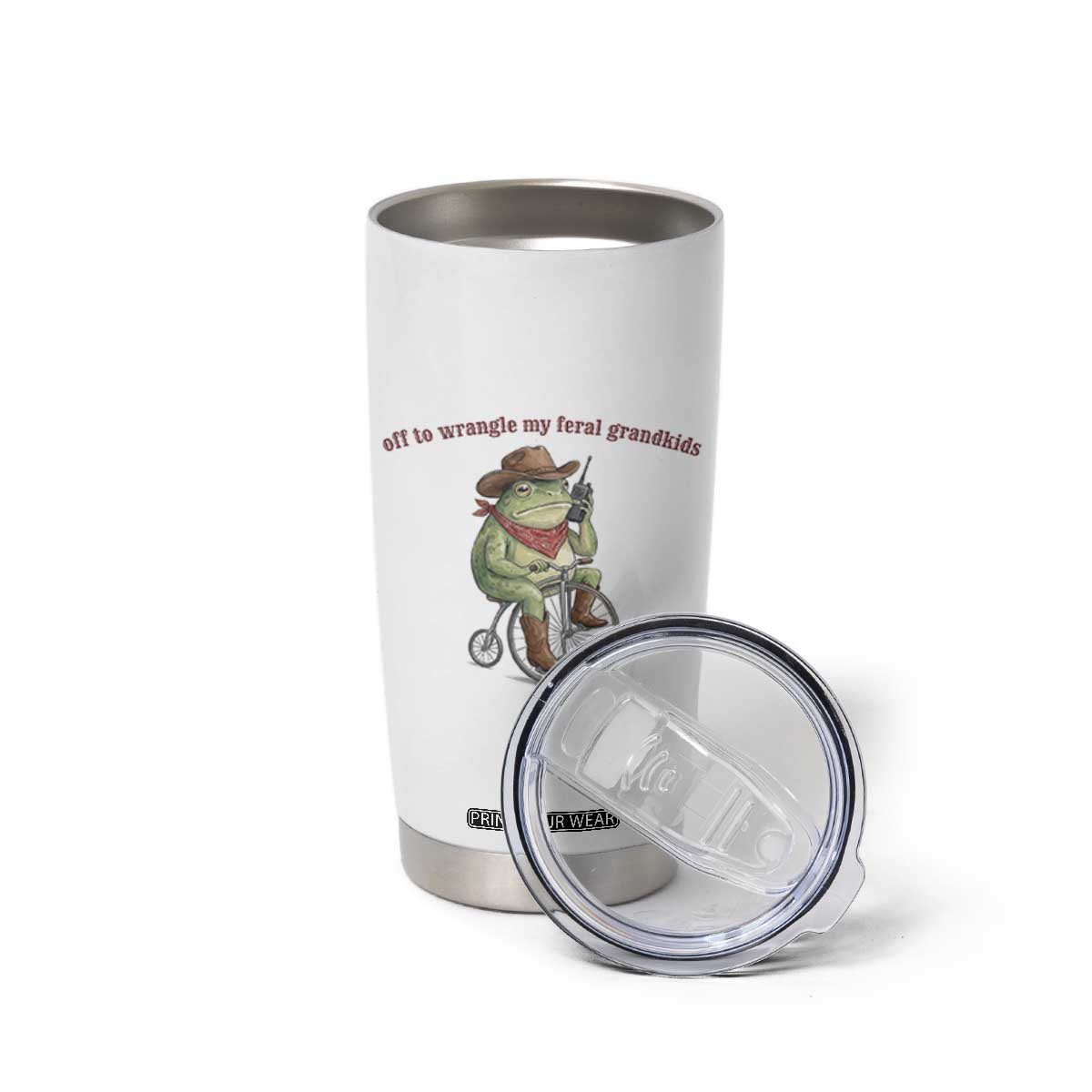 Off to Wrangle My Feral Grandkids Tumbler Cup Funny Cowboy Frog Grandpa Western Meme TS14 Print Your Wear
