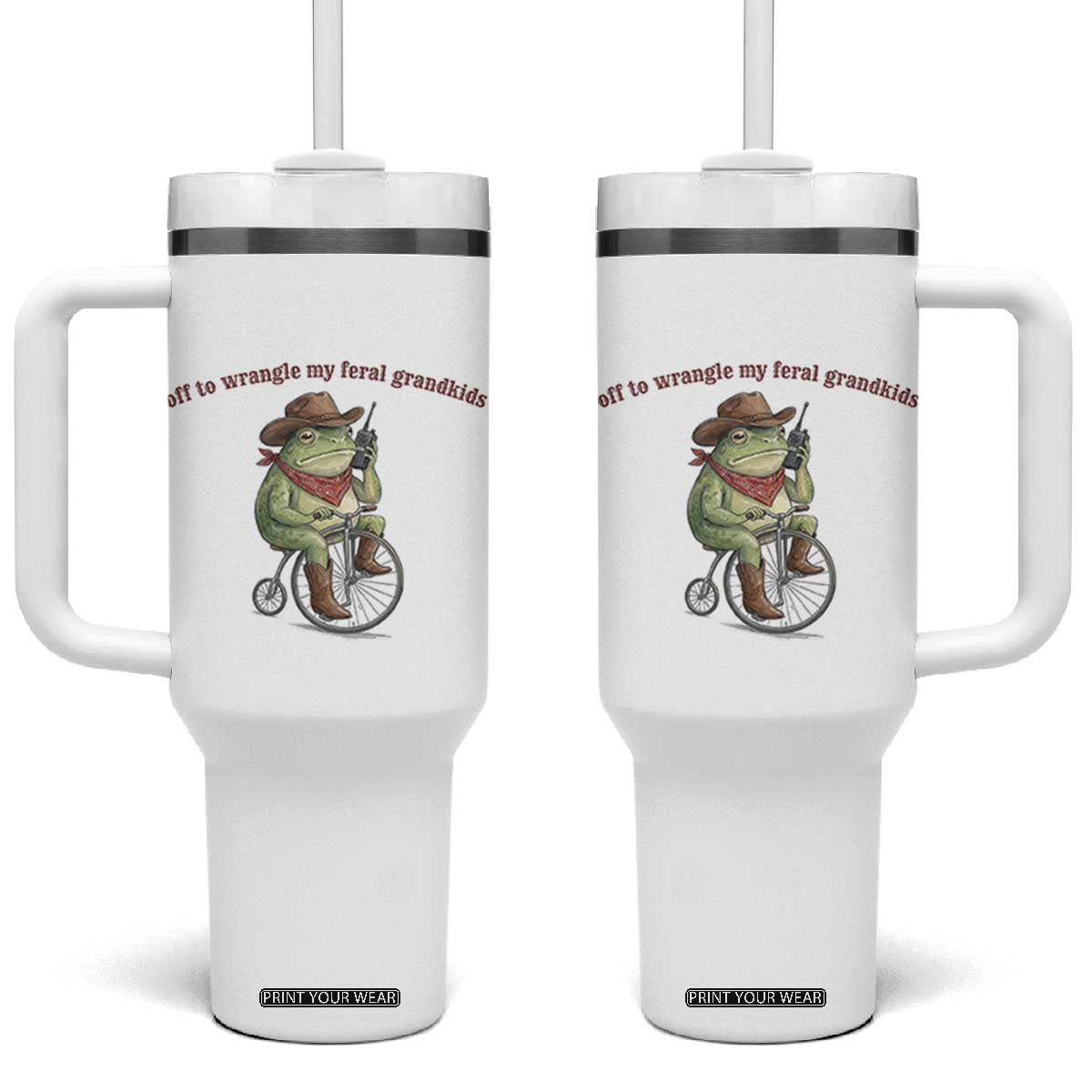 Off to Wrangle My Feral Grandkids Tumbler With Handle Funny Cowboy Frog Grandpa Western Meme TS14 One Size: 40 oz White Print Your Wear