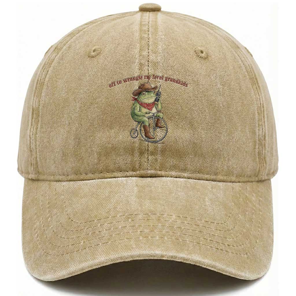 Off to Wrangle My Feral Grandkids Washed Cotton Baseball Cap Funny Cowboy Frog Grandpa Western Meme TS14 Print Your Wear
