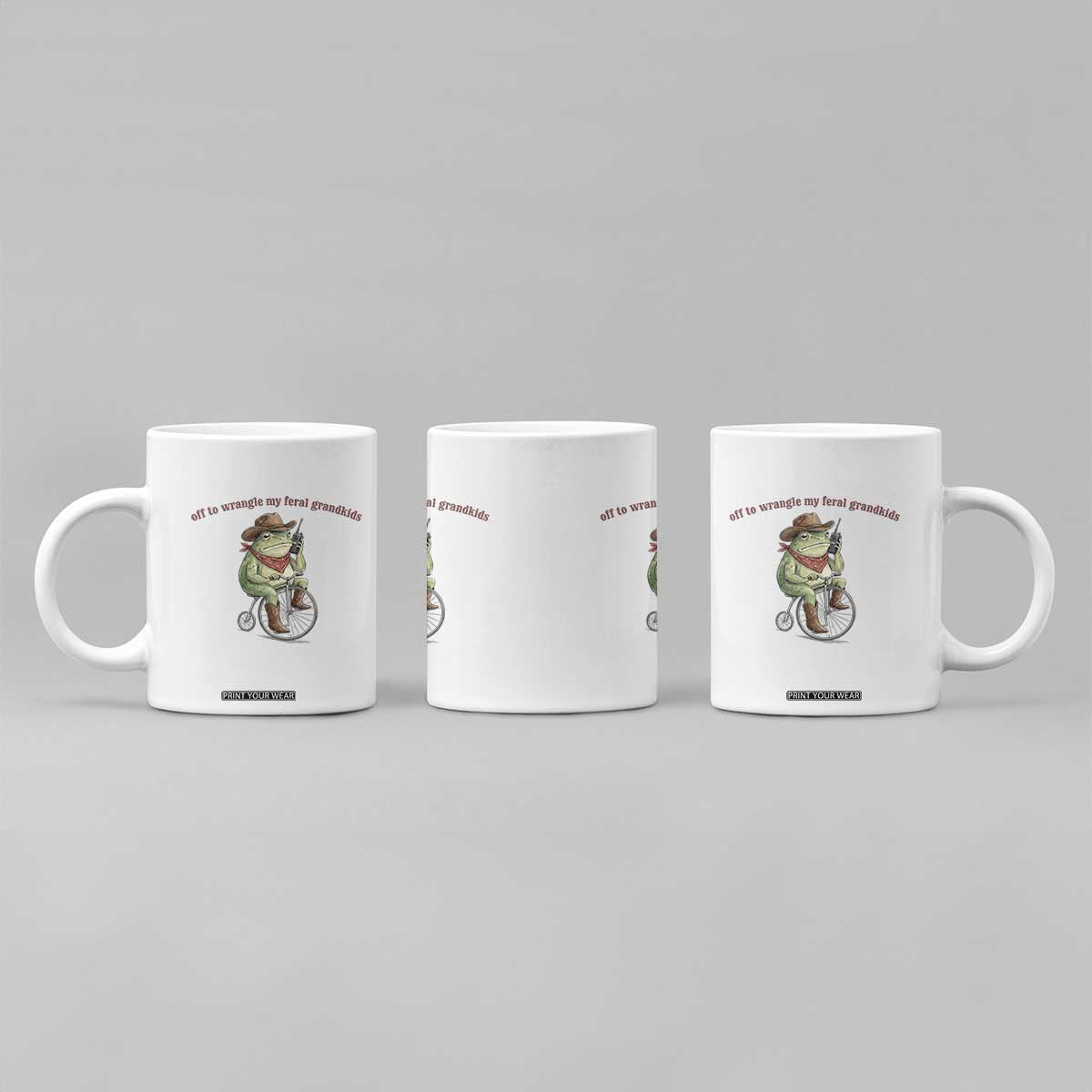 Off to Wrangle My Feral Grandkids Coffee Mug Funny Cowboy Frog Grandpa Western Meme TS14 Print Your Wear