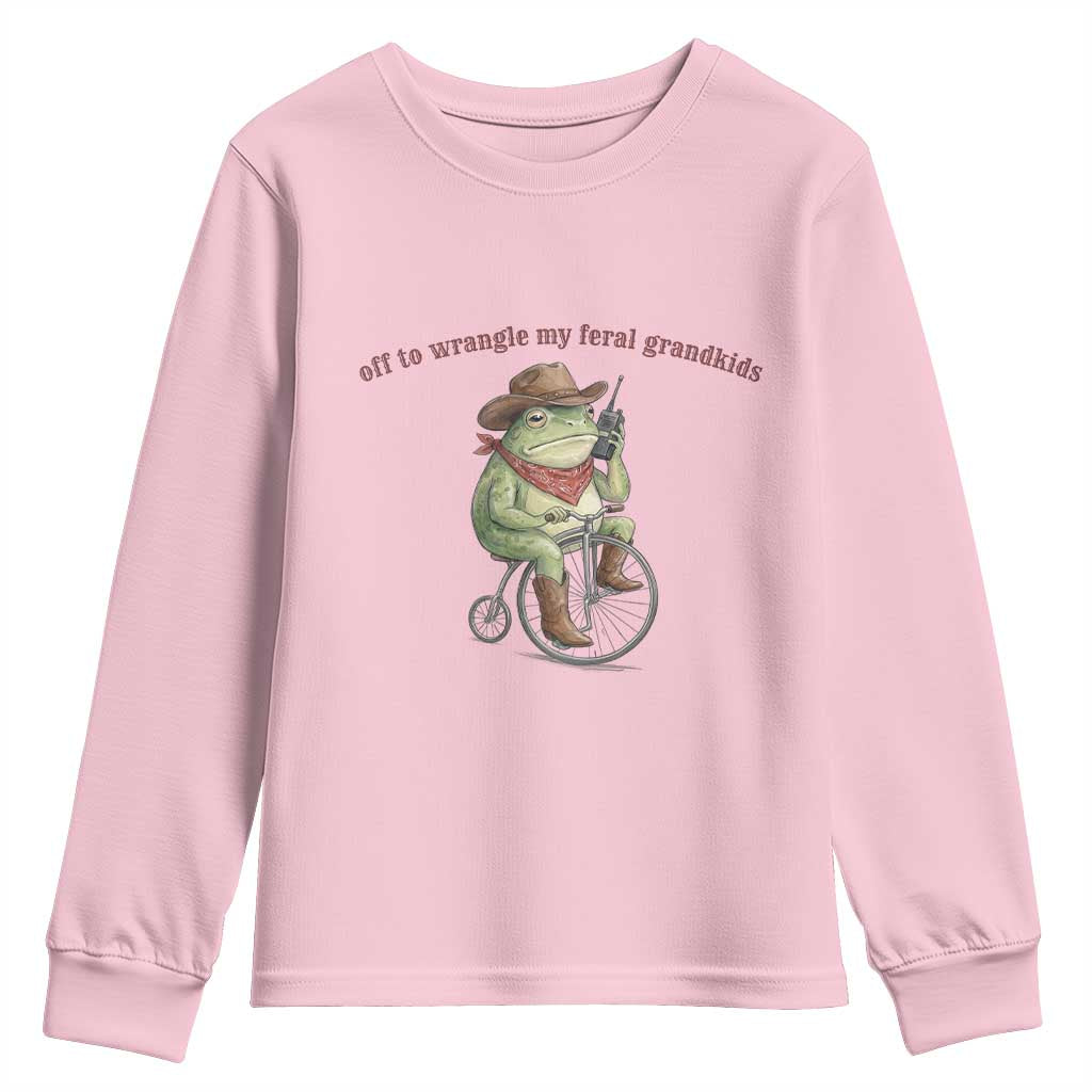 Off to Wrangle My Feral Grandkids Youth Sweatshirt Funny Cowboy Frog Grandpa Western Meme