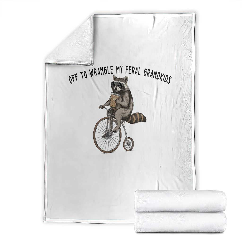 Off To Wranglin My Feral Grandkids Throw Blanket Funny Raccoon Grandpa Father's Day Gift