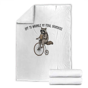 Off To Wranglin My Feral Grandkids Throw Blanket Funny Raccoon Grandpa Father's Day Gift