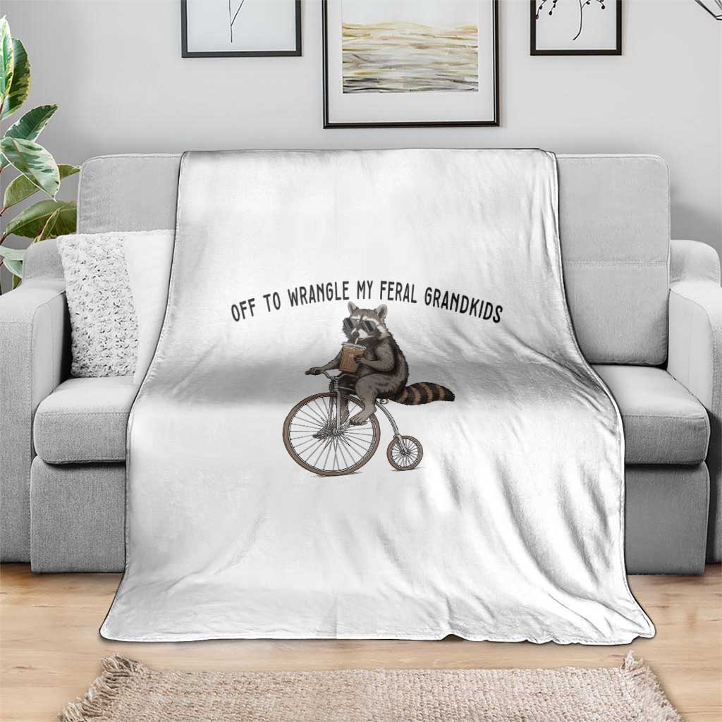 Off To Wranglin My Feral Grandkids Throw Blanket Funny Raccoon Grandpa Father's Day Gift