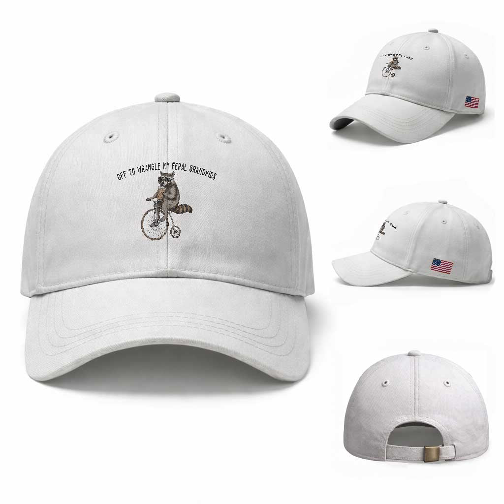 Off To Wranglin My Feral Grandkids Baseball Cap Funny Raccoon Grandpa Father's Day Gift