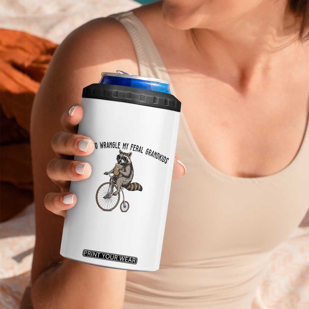 Off To Wranglin My Feral Grandkids 4 in 1 Can Cooler Tumbler Funny Raccoon Grandpa Father's Day Gift